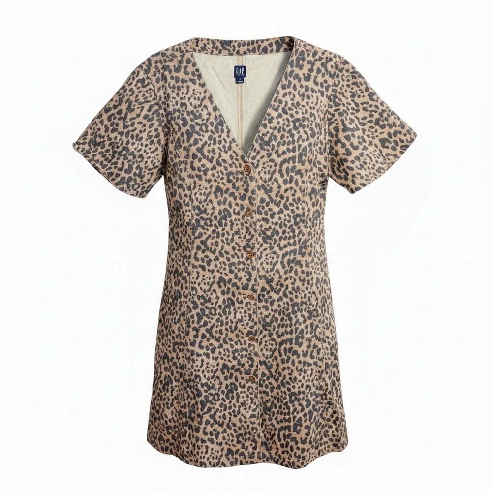 Gap Dress Women Medium Tan Leopard Denim Button Front V-Neck Short Sleeve Mini